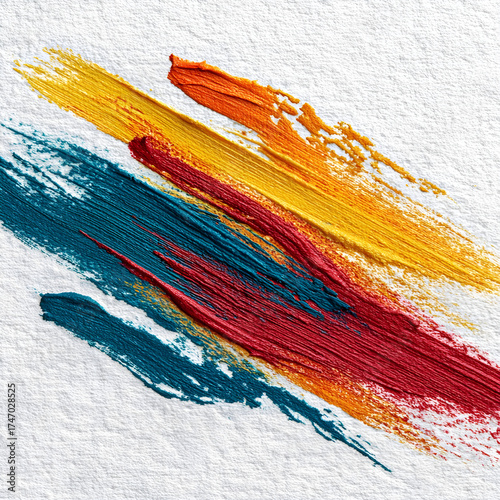 Vibrant abstract paint strokes in red yellow teal and orange textural art