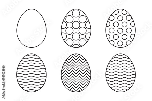 Six outline easter eggs with different decorative patterns for coloring and crafting