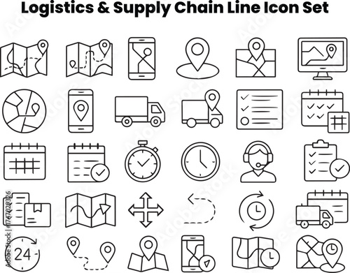 High-quality outline icons combining air, sea, road, and rail transport. Designed to represent global supply-chain connections and multimodal logistics networks. Great for transport companies, infogra