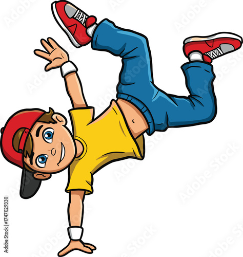 Cool cartoon boy, hip hop dancer, breakdancing on one hand, wearing red cap, yellow t-shirt, energetic child character, fun vector illustration, isolated background.