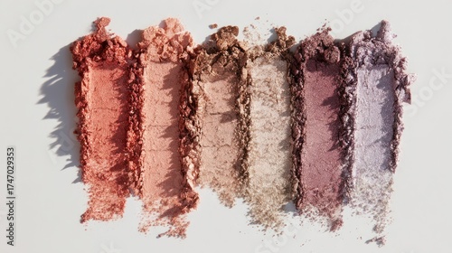 crushed shimmer eyeshadow swatches spread on a plain white background in a flat lay for makeup branding showing pink to plum tones on a clean surface, suitable for cosmetics brand beauty