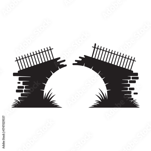 Silhouette of a broken stone archway with a dilapidated fence and overgrown grass