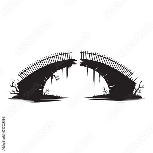 Silhouette of an old stone arch bridge with weathered railings and surrounding foliage against a white background