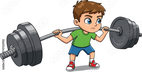  Strong cartoon boy lifting heavy barbell, wearing green shirt and blue shorts, focused expression, fitness training, strength exercise, vector illustration, workout concept