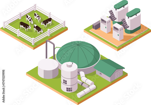Modern biogas plant with cow farm and energy production units, sustainable renewable energy system for organic waste recycling and electricity generation
