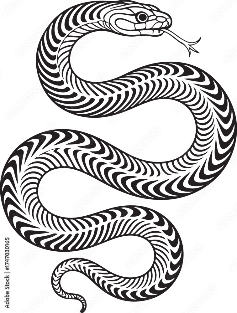 Fototapeta premium Stylized black and white snake with optical illusion pattern on white background serpent reptile