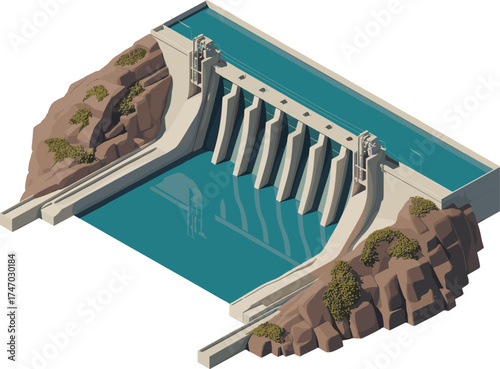 Modern hydroelectric dam with flowing water reservoir, renewable energy power generation structure surrounded by rocky mountains, sustainable engineering concept illustration