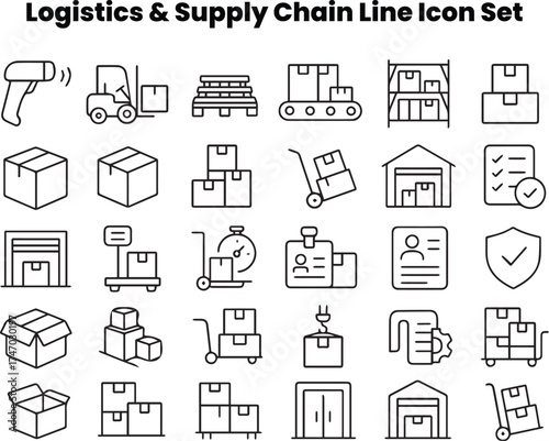 Modern black-and-white line icons illustrating last-mile delivery, couriers, and urban logistics systems. Perfect for apps, maps, packaging, tracking dashboards, and e-commerce designs. Includes expre