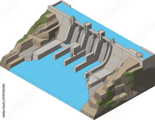 Modern hydroelectric dam with flowing water reservoir, renewable energy power generation structure surrounded by rocky mountains, sustainable engineering concept illustration
