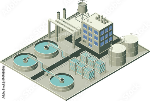 Modern industrial wastewater treatment facility with purification tanks and filtration systems, eco friendly water recycling plant for clean water management
