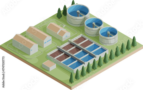 Modern wastewater treatment plant with purification tanks and clean water reservoirs, eco friendly sewage facility infrastructure for water recycling and management