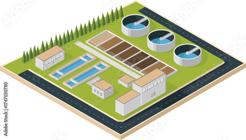 Modern wastewater treatment plant with purification tanks and clean water reservoirs, eco friendly sewage facility infrastructure for water recycling and management