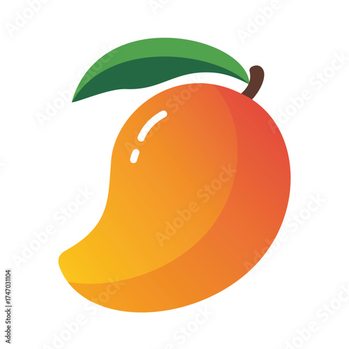 Glossy Mango Fruit with Green Leaf Flat Vector Art Graphic Illustration