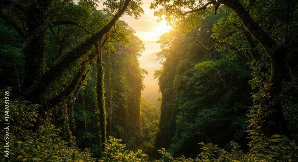 Obraz premium Sunlit chasm unveils lush jungle sanctuary