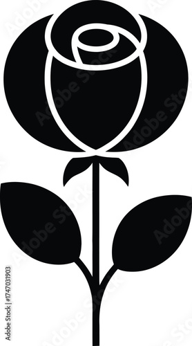 Elegant black silhouette of a rose with stem and leaves isolated floral design element