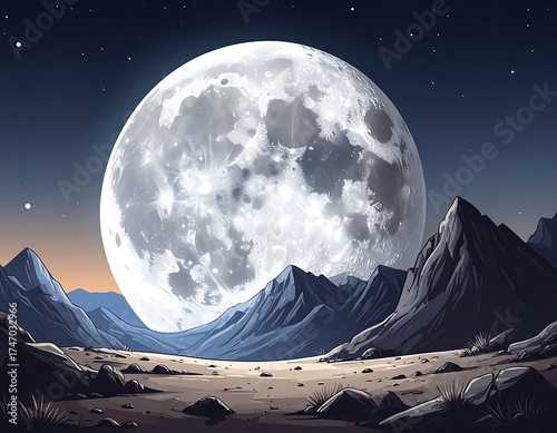 Vast desert landscape under a full moon