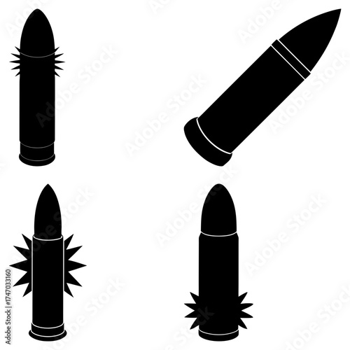 Illustration of four black bullets with spikes and without spikes on a white background view from different angles