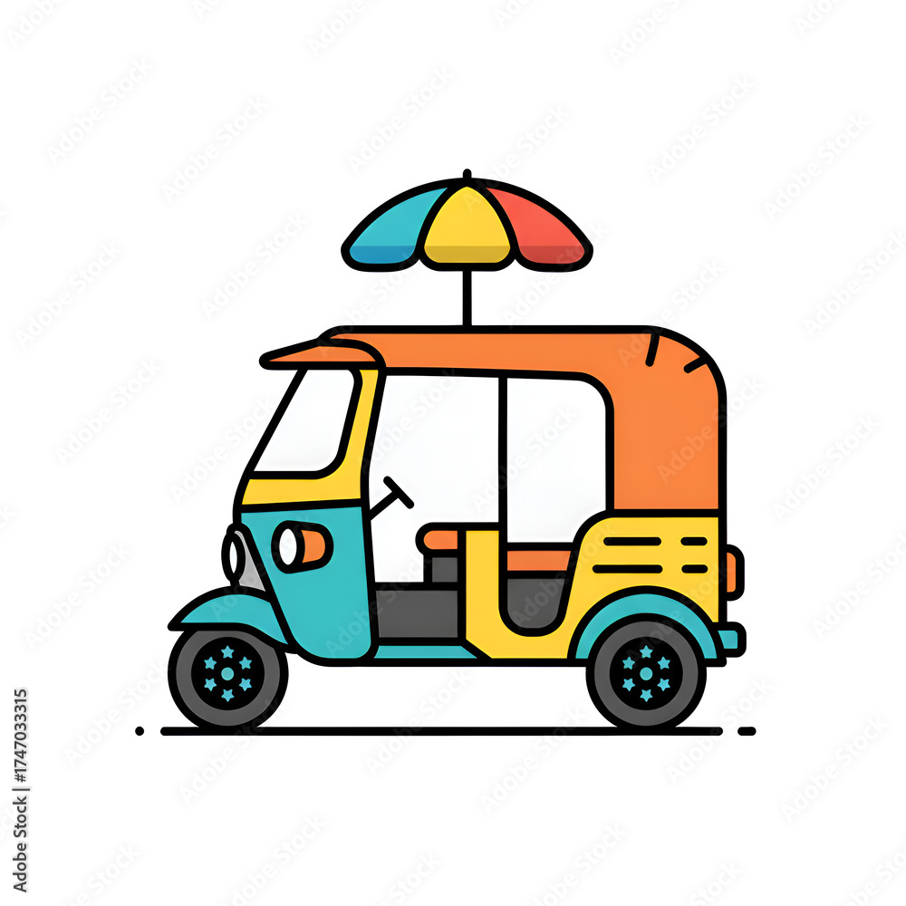 Fototapeta premium Vibrant tuk-tuk illustration evokes travel adventures and exotic destinations, perfect for tourism marketing and cultural promotions, bringing a taste of Asia.