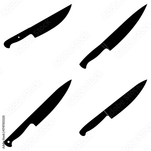 Four black silhouette illustrations of chef's knives arranged on a white background evenly spaced apart