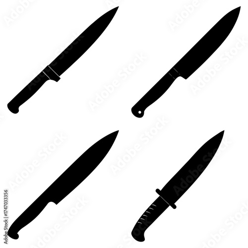 Four black knife silhouettes arranged on a white background in a square pattern formation display