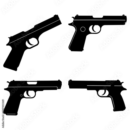 Silhouette depictions of handguns showcasing various angles and orientations on a plain white background
