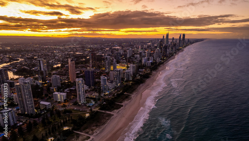 Golden hour sunset eerial view of Gold Coast on the eastern shore of Australia, about an hour south of Brisbane