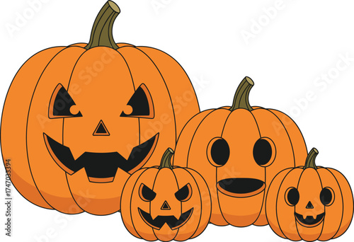 Whimsical Halloween Pumpkins with Silly Faces Cartoon Graphic