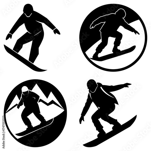 Four black and white snowboarder silhouettes in various poses and mountain backgrounds in circular frames