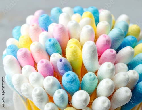 Close-up of colorful cotton swabs.  Many pastel-colored cotton swabs tightly clustered together, tops and stems visible.  Bright pastel colors
