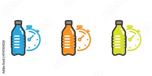 Set of vibrant icons combining sport water bottles (or juice bottles) with a stopwatch, symbolizing fitness, hydration, timing, sports, or tracking workout performance.