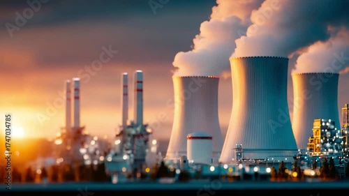 Industrial Powerhouse: A contemporary view of a nuclear power plant, steam rising against the beautiful sunset with clouds, it represents the power of the modern industry.