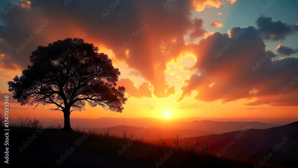 Fototapeta premium Fiery sunset paints sky behind lone tree and mountains.