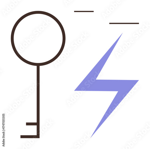 Key illustration next to lightning bolt showcasing access, power, and speed concepts. Ideal for digital security, energy, innovation, technology, protection, idea simple flat metaphor