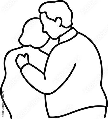 Black outline illustration of an embracing elderly couple on white background old couple hugging