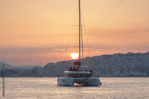 Greece, Athens, Kalithea, Faliro Marina Delta at Sunset, Boat