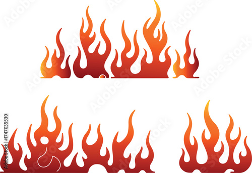 Set of stylized fiery flames and fire elements in various sizes and shapes for design