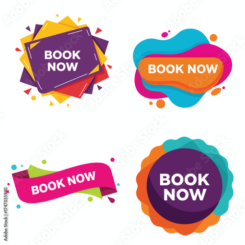 vibrant flat book now badge vector collection with bold uppercase text and modern minimal design