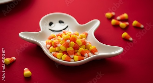 Candy corn in ghost shaped bowl on red background halloween theme treat