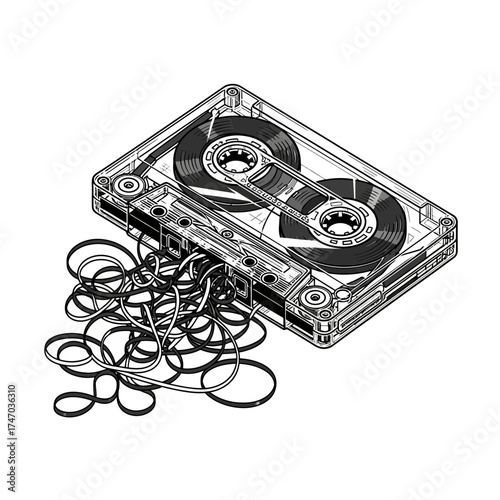 Audio Cassette Tape with Tangled Magnetic Ribbon Retro Music Vector Illustration