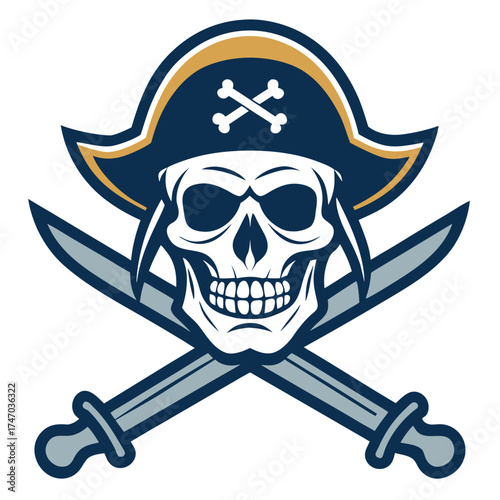 Classic Pirate Skull with Crossed Swords Vintage Nautical Navy Emblem Vector Design .eps