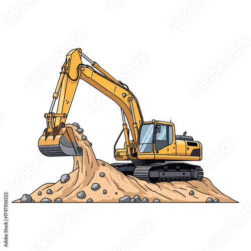 Yellow excavator digging a mound of dirt, isolated on white background. Construction vehicle vector mockup for easy editing and recolor, ideal for design