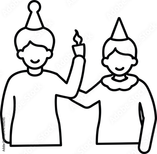 Two people wearing party hats celebrating with a lit candle celebration birthday
