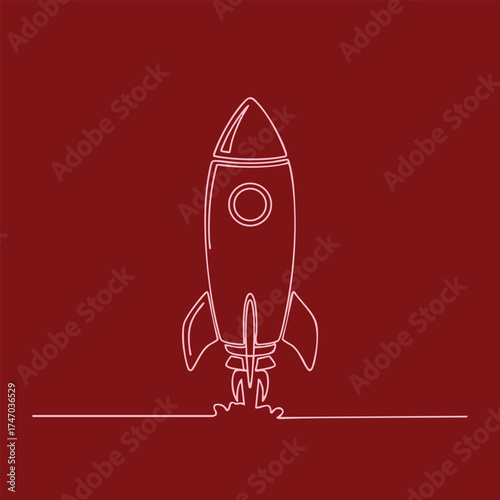 Minimalist Rocket Launch Line Drawing on Deep Red with Simple Outline Style
