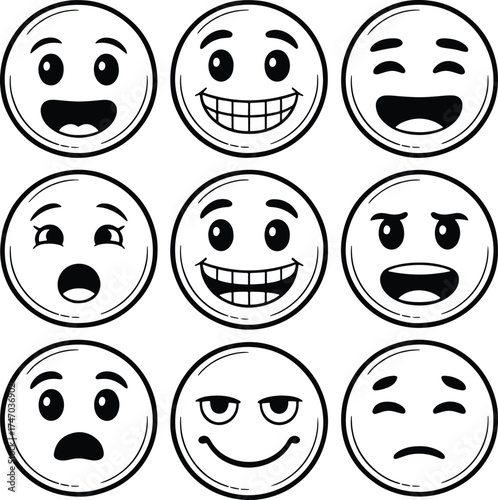Collection of nine different cartoon emoji faces expressing various emotions