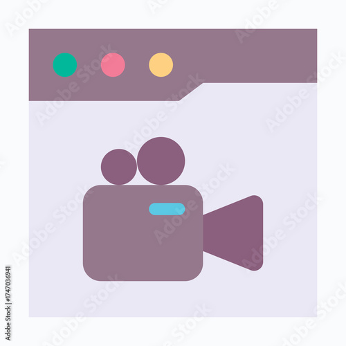 Video Camera Recording Icon Inside Web Window, Isolated Vector Flat Style Icon. 