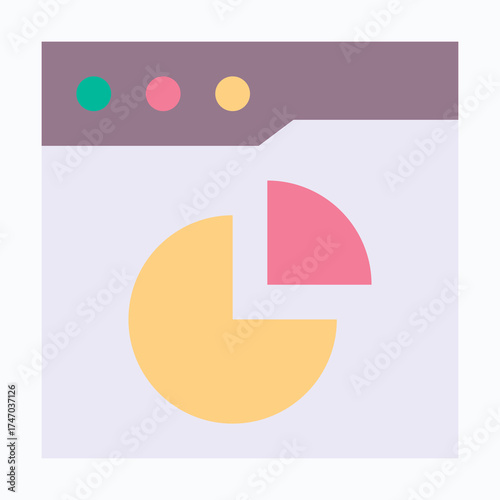 Pie Chart Statistics Icon Inside Browser Frame, Isolated Vector Flat Style Icon. 