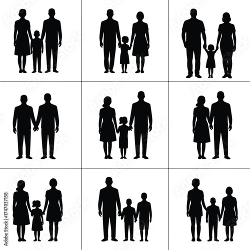 Family silhouettes depicting different parent combinations with children on white backdrop