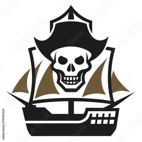 Vintage Pirate Ship Logo with Skull ? Retro Nautical Vector Illustration .eps