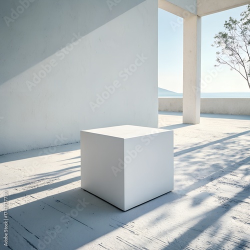 White cube on white surface with soft light, side view