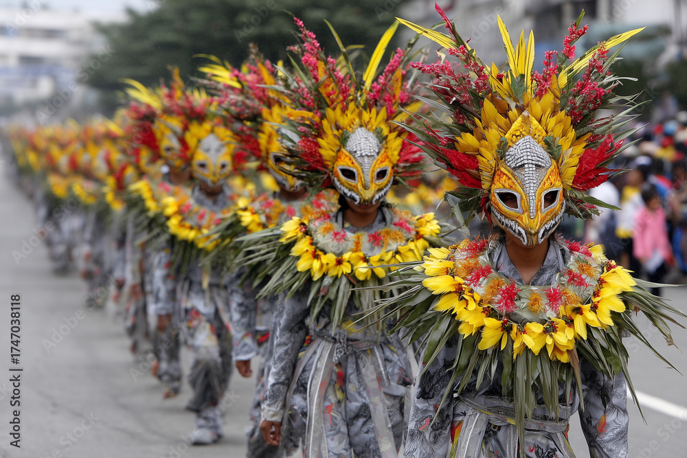 Fototapeta premium A group of people wearing masks and flower headdresses march down a street